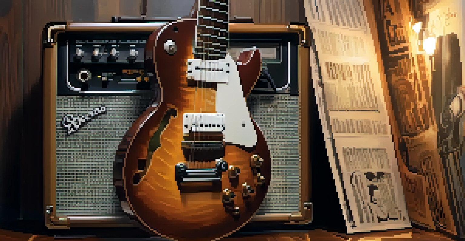 A close-up of an electric guitar on a vintage amplifier, with posters of Memphis musicians in a dimly lit music studio.