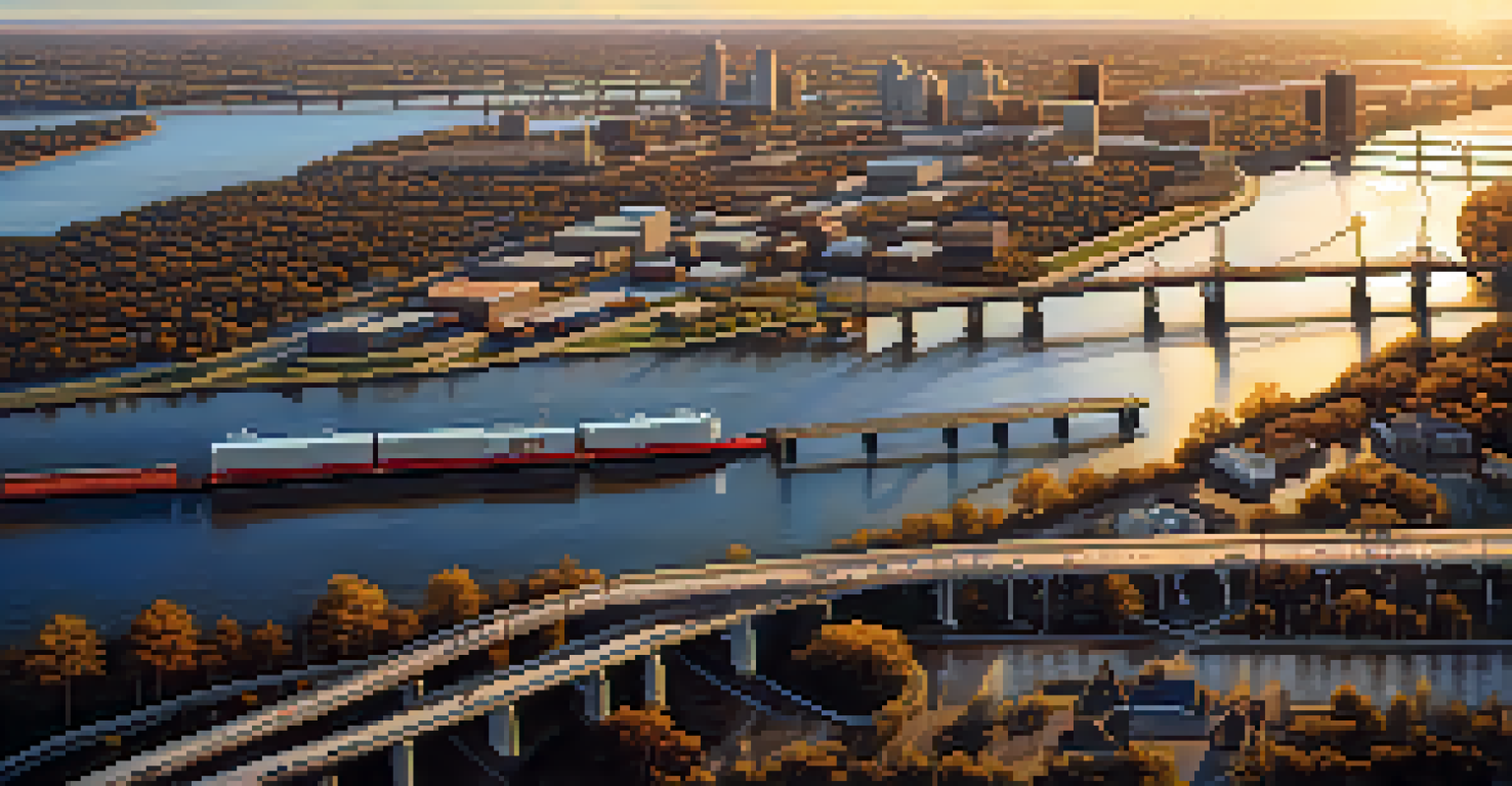 An aerial view of Memphis showing highways, railroads, and the Mississippi River at sunset.