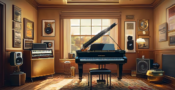A vintage recording studio interior with a classic microphone and a grand piano, illuminated by warm golden light, showcasing 1950s music history.