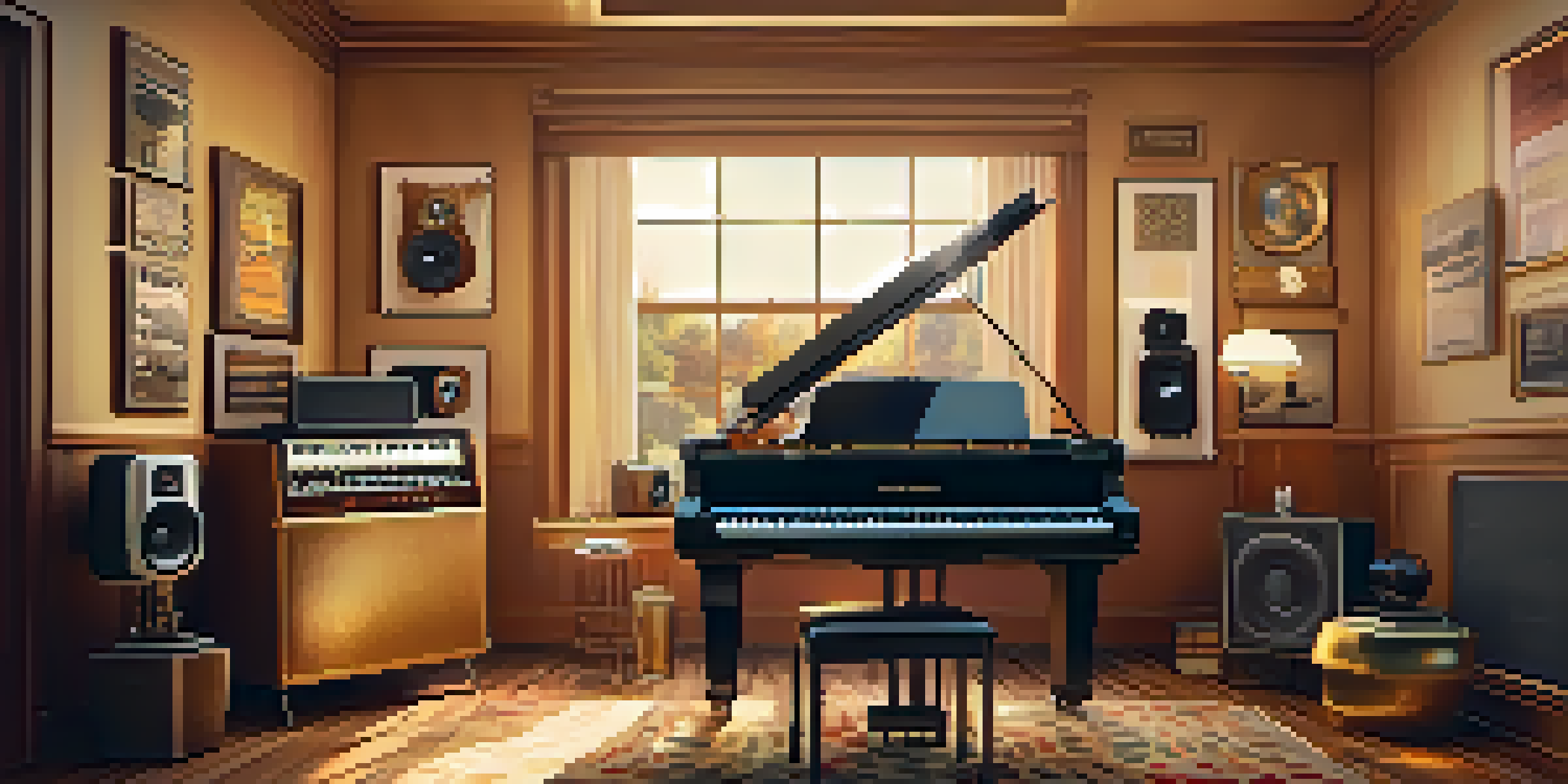 A vintage recording studio interior with a classic microphone and a grand piano, illuminated by warm golden light, showcasing 1950s music history.