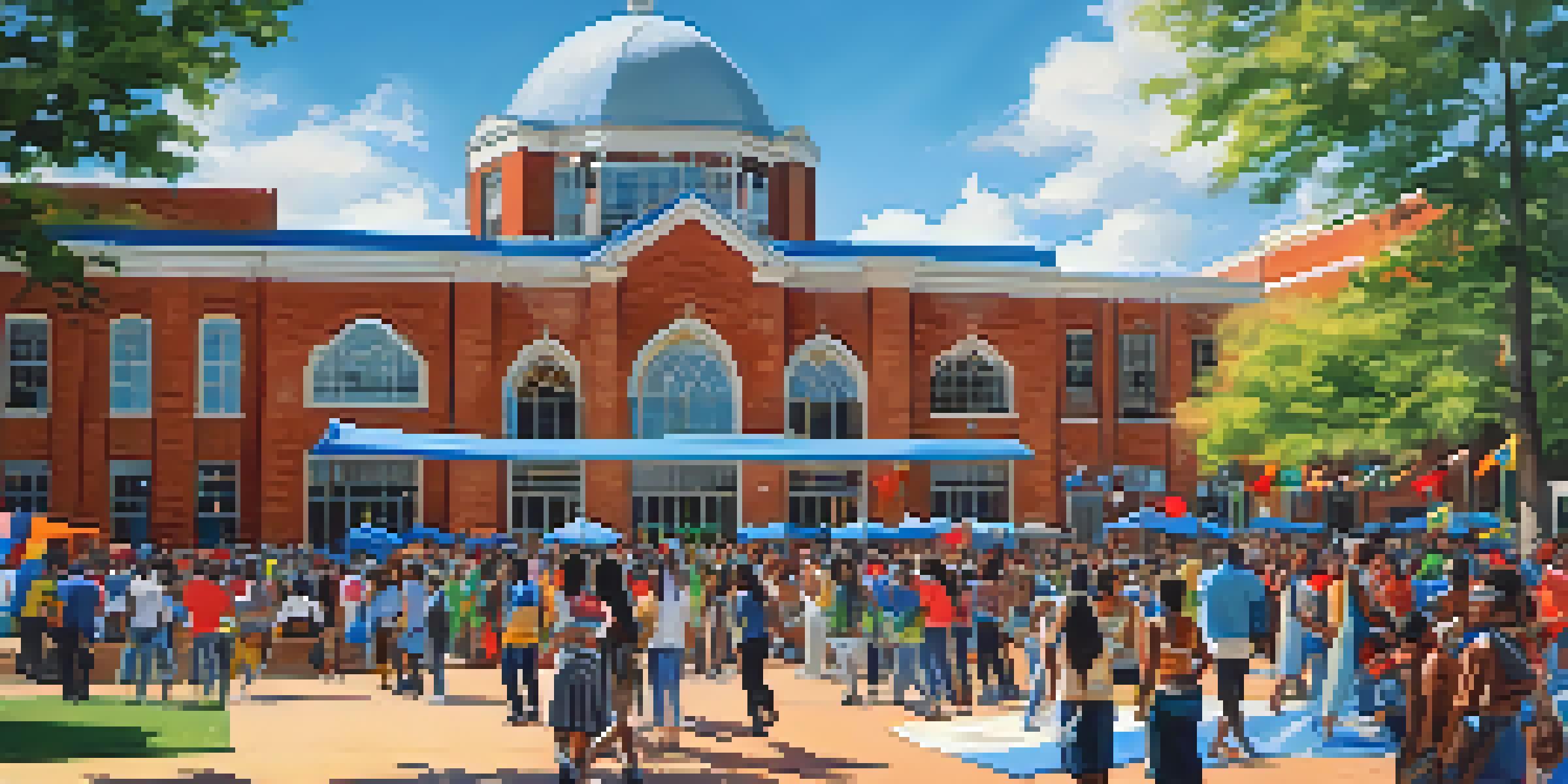 A lively cultural festival at the University of Memphis with diverse students enjoying food and music under colorful decorations.