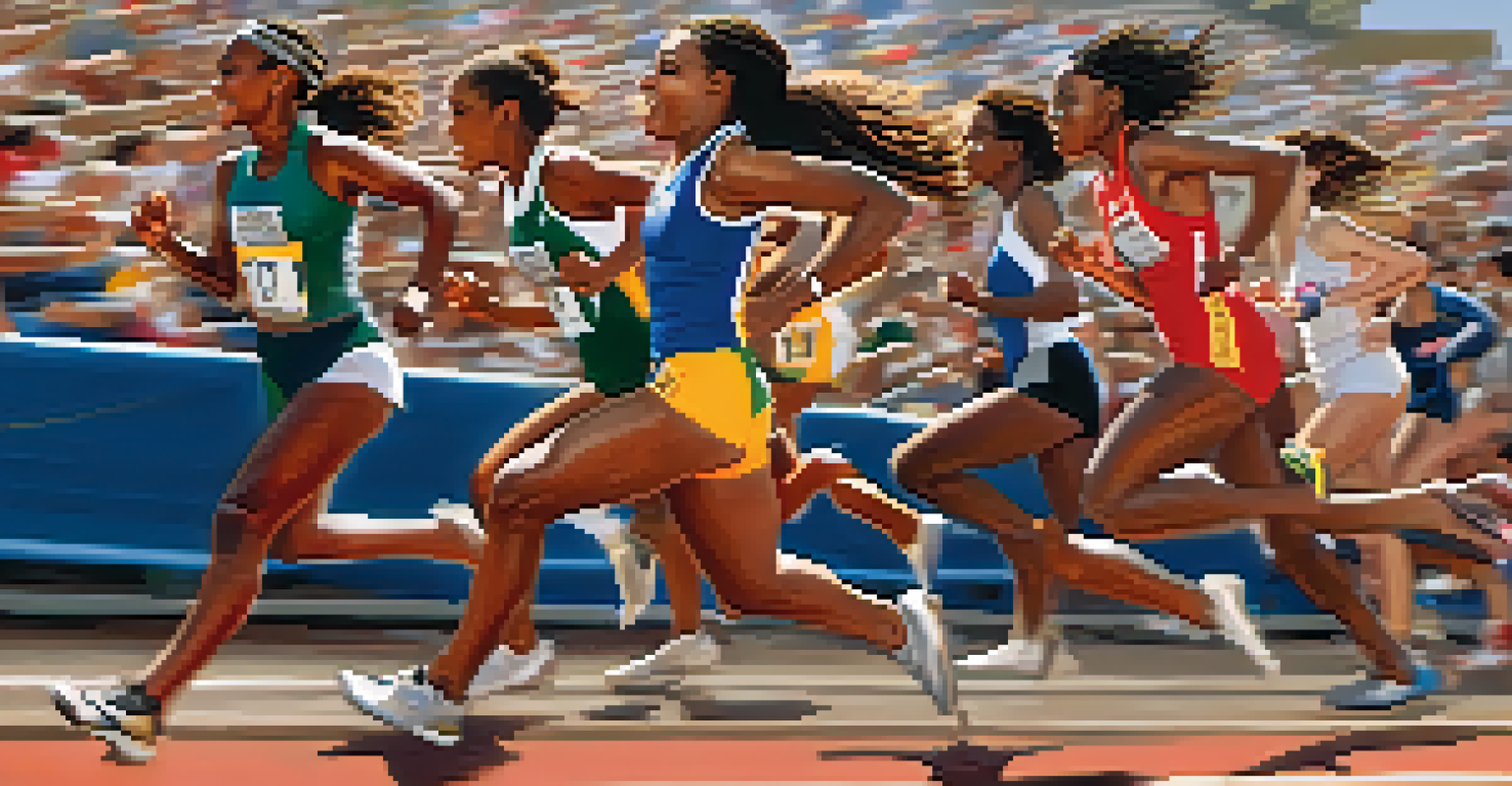 A female track athlete sprinting on a track with a cheering crowd in the background.