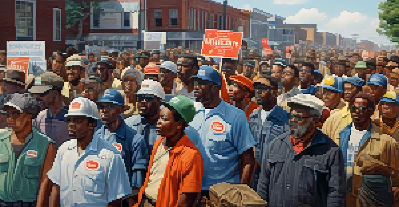 A historical community gathering during the 1968 sanitation workers' strike in Memphis, showing unity and determination.