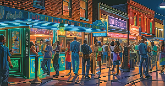 A lively Beale Street at night, showcasing neon lights and people enjoying live music, creating a festive atmosphere.