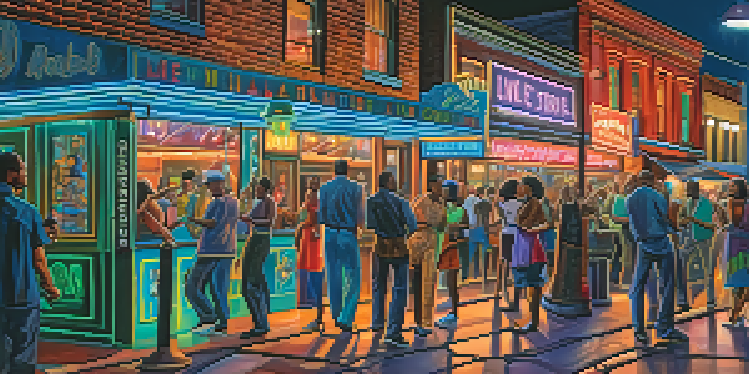 A lively Beale Street at night, showcasing neon lights and people enjoying live music, creating a festive atmosphere.