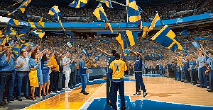 A vibrant basketball game at the FedExForum with enthusiastic fans in blue and gold cheering for the Memphis Grizzlies.