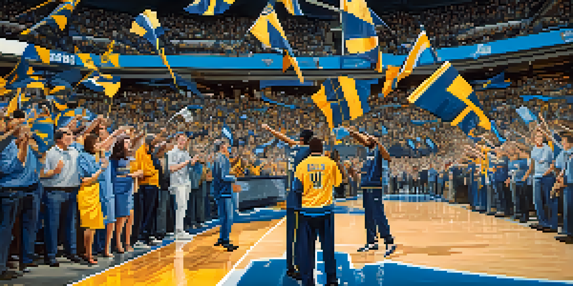 A vibrant basketball game at the FedExForum with enthusiastic fans in blue and gold cheering for the Memphis Grizzlies.