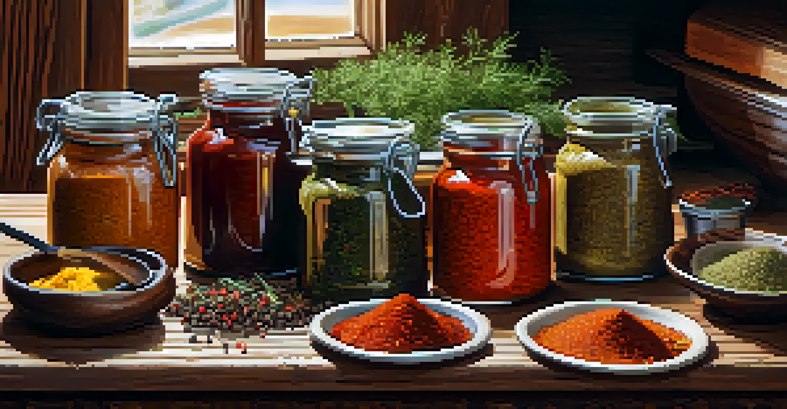 An arrangement of barbecue rubs and marinades in jars on a wooden table, with fresh ingredients and natural lighting.