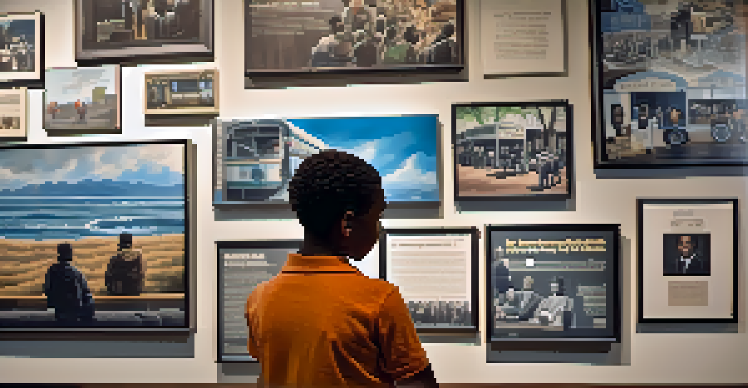 A young student reading about the Freedom Riders in the National Civil Rights Museum, with a mural of civil rights figures in the background.