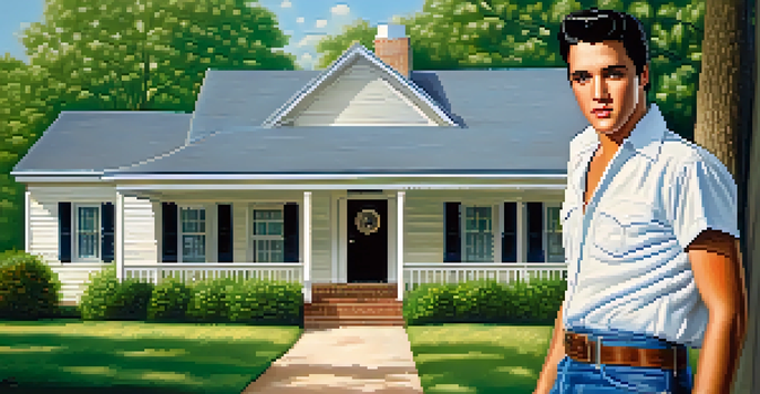 A young Elvis Presley standing in front of a modest house in Tupelo, Mississippi, with green trees and a blue sky in the background.