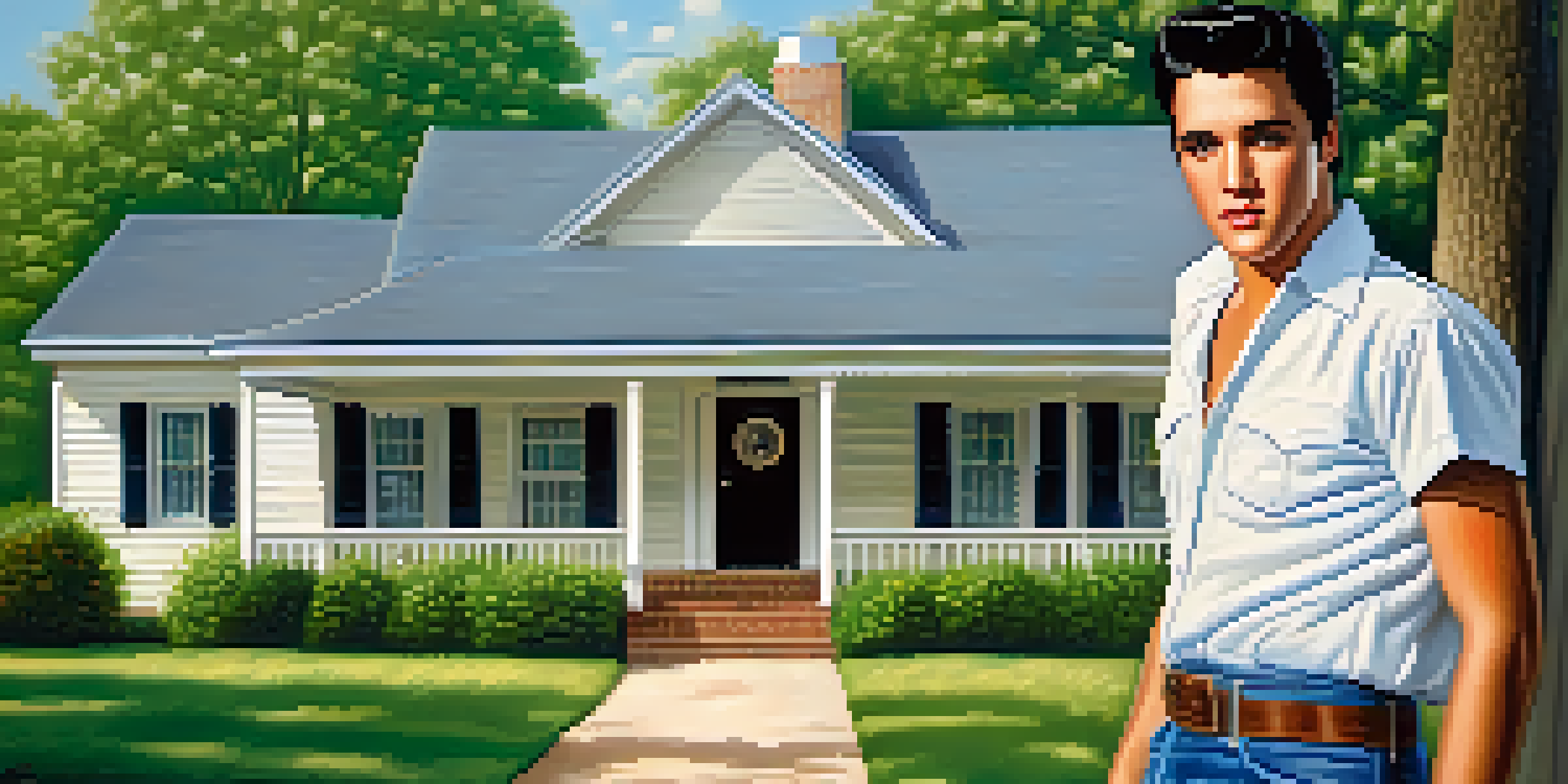A young Elvis Presley standing in front of a modest house in Tupelo, Mississippi, with green trees and a blue sky in the background.