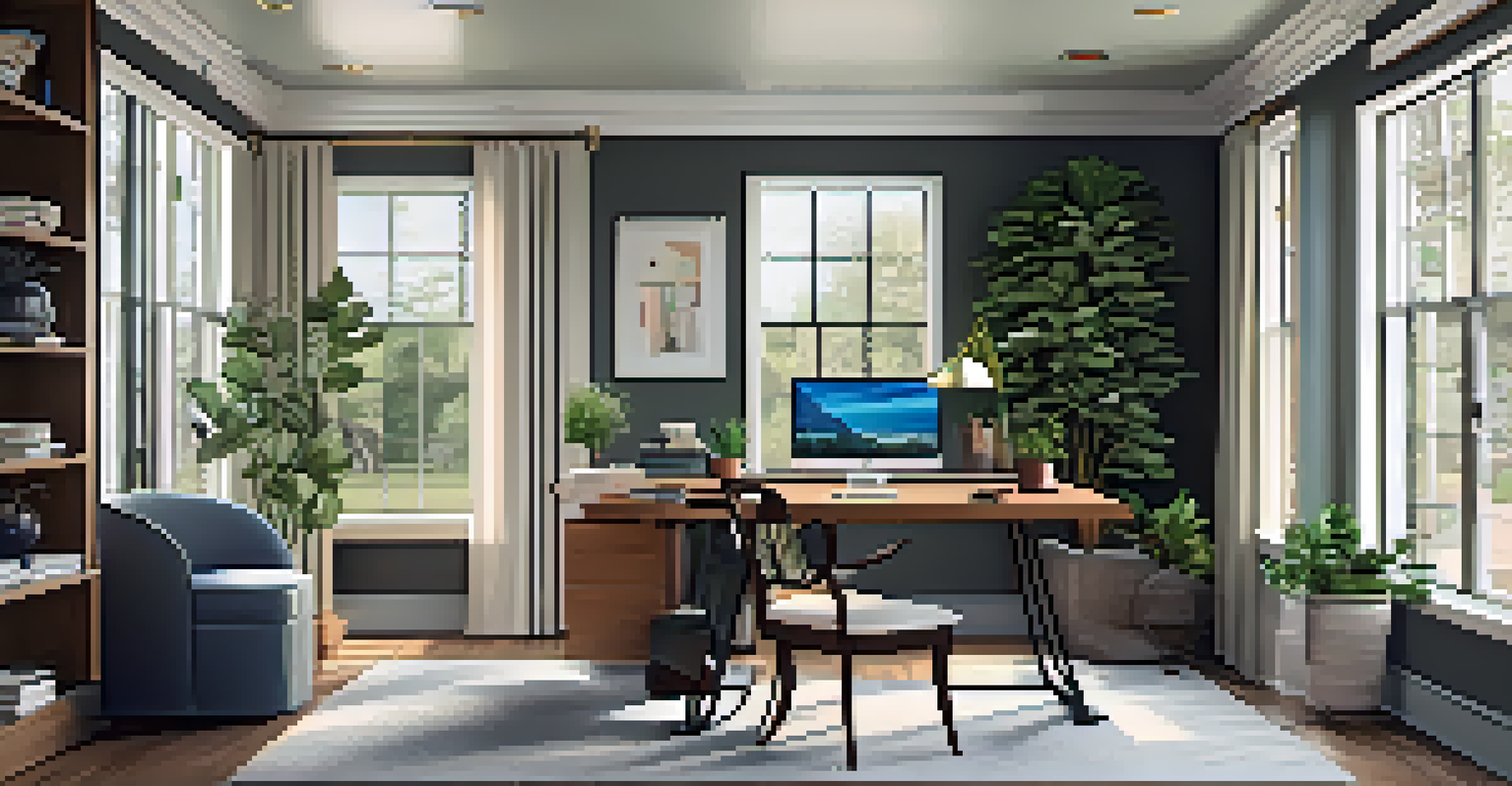 A modern home office in a suburban Memphis house with natural light, plants, and a stylish desk.