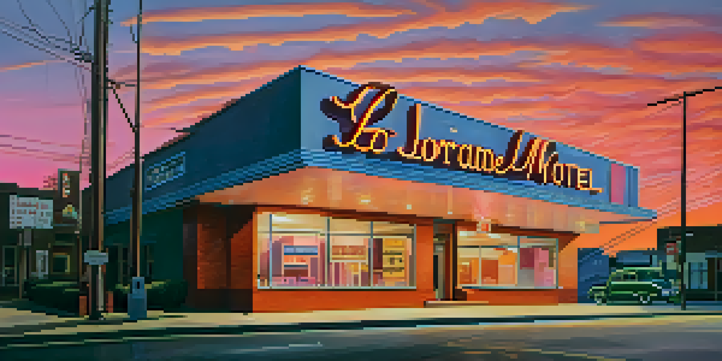 A sunset view of the Lorraine Motel in Memphis, highlighting its iconic architecture and warm colors.