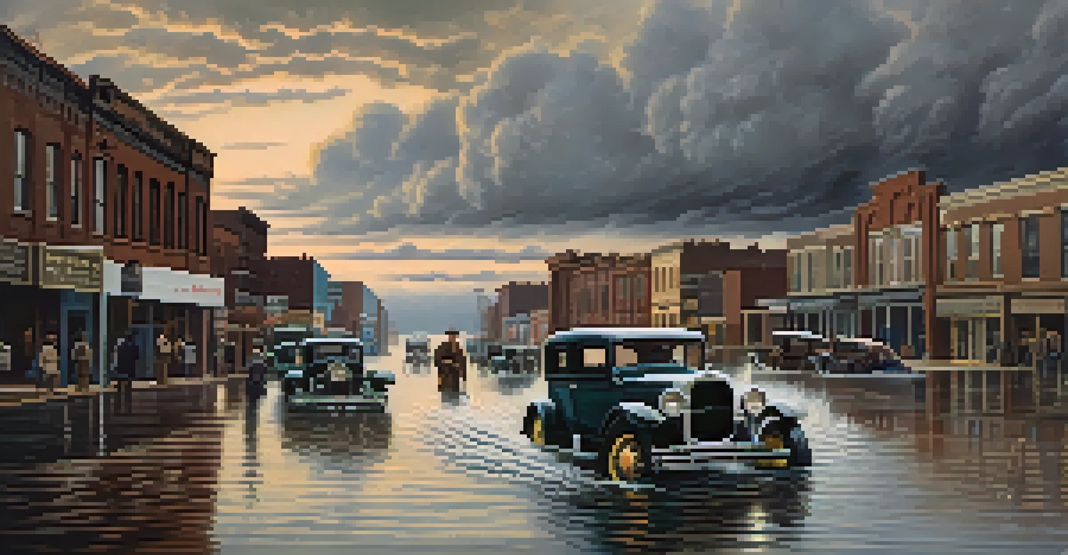 An image of the Great Flood of 1927 in Memphis, showing flooded streets and people navigating through the water.