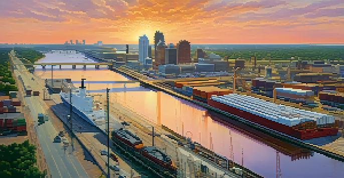 Aerial view of a transportation hub in Memphis, with cargo ships on the river, highways, railroads, and the Memphis skyline during sunset.