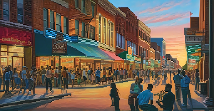 A lively street scene on Beale Street, with musicians performing and a diverse crowd enjoying the music under the warm sunset glow.