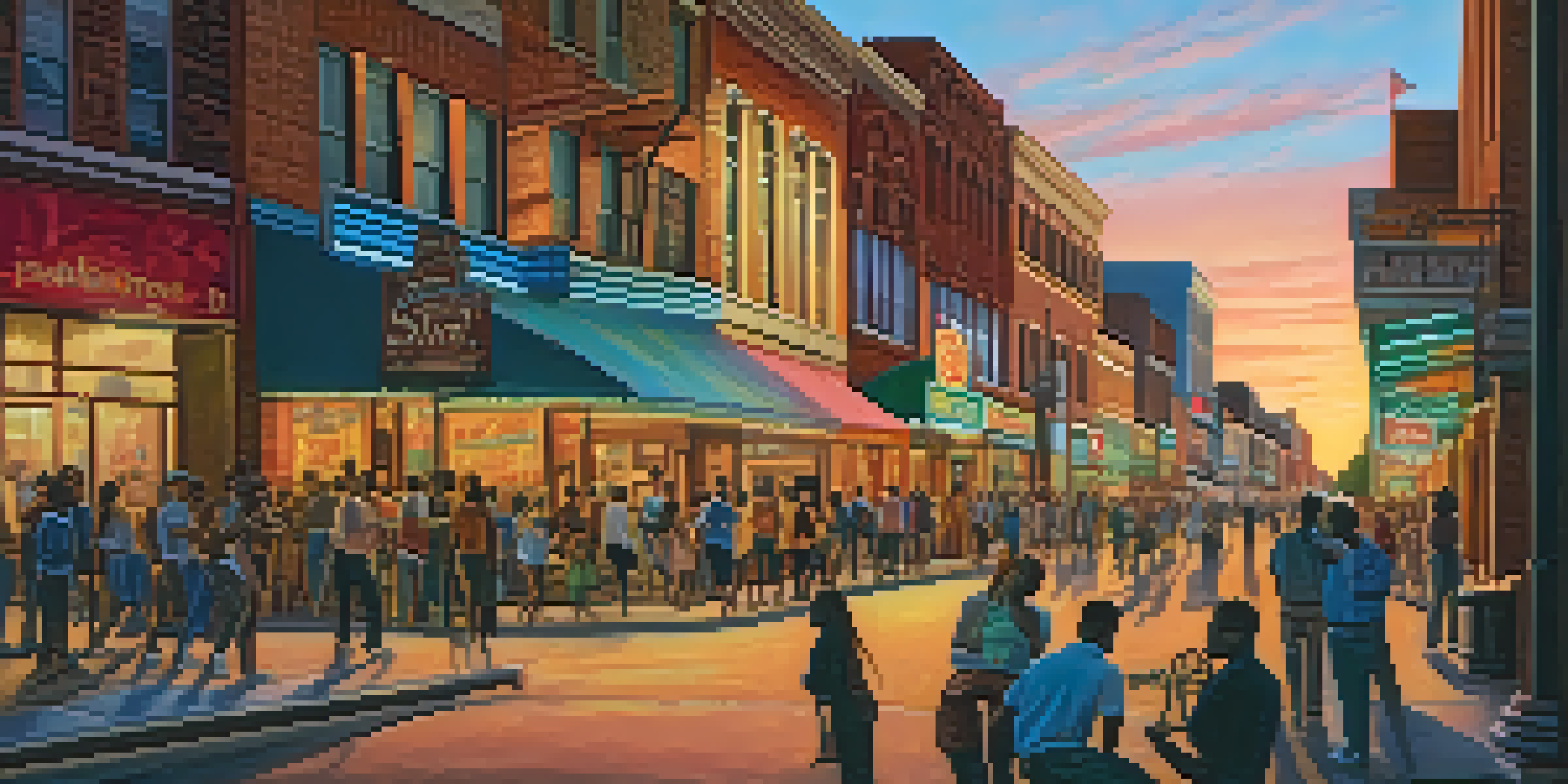 A lively street scene on Beale Street, with musicians performing and a diverse crowd enjoying the music under the warm sunset glow.