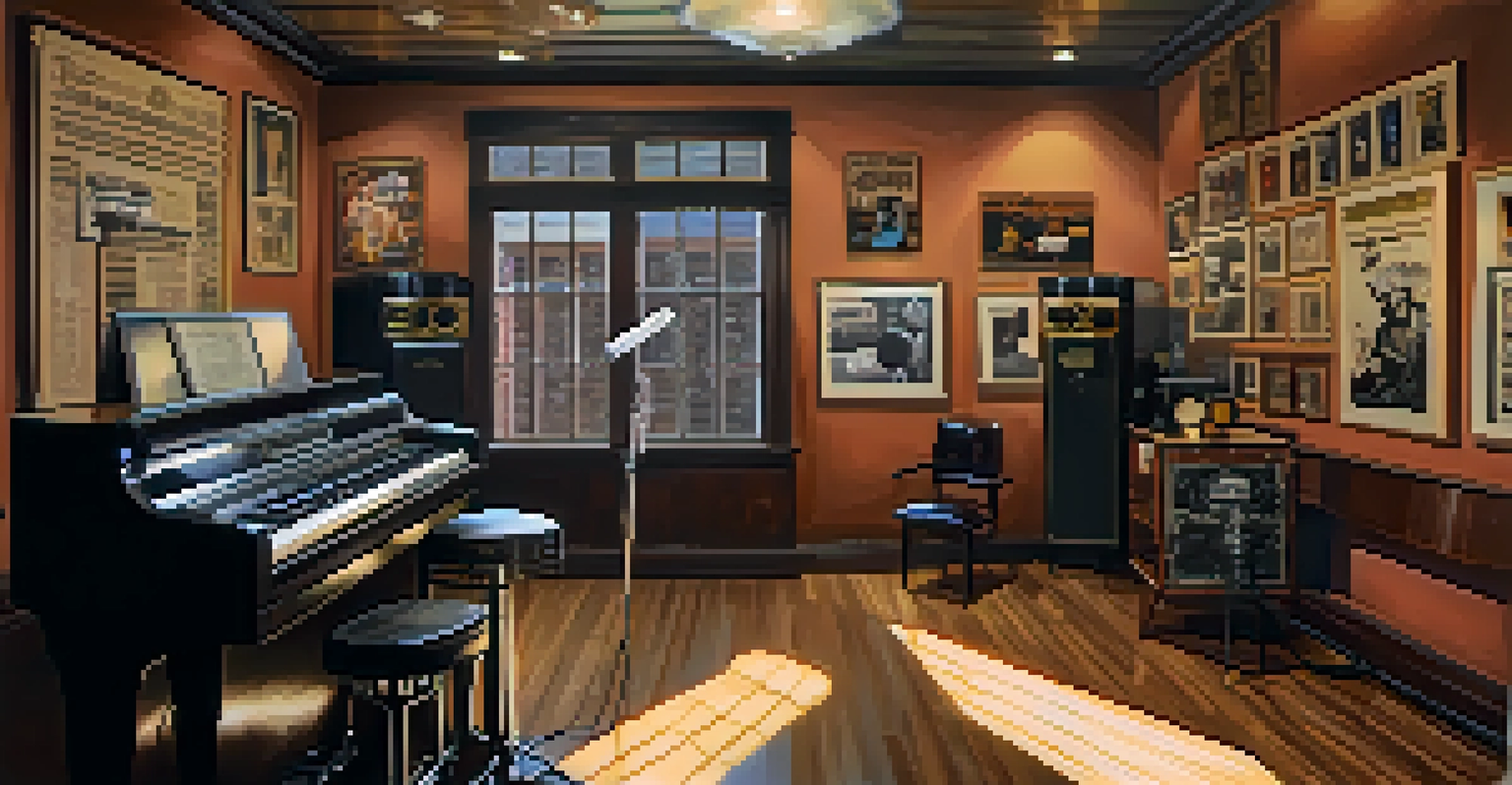 Interior of Sun Studio showing vintage recording equipment and memorabilia, with warm lighting creating a nostalgic atmosphere.