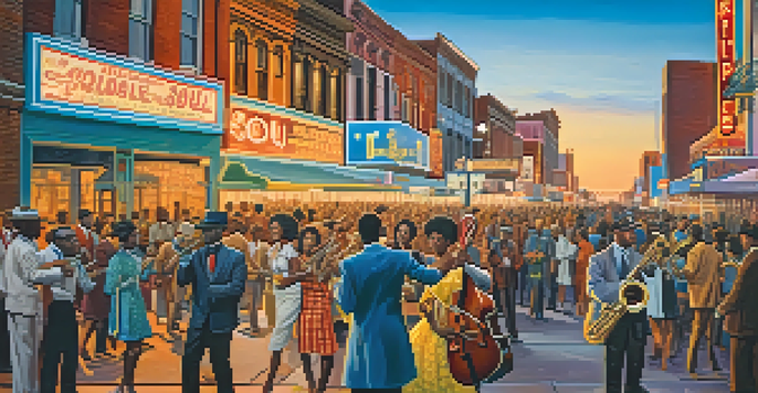 A lively street scene on Beale Street in Memphis in the 1960s, with musicians and an enthusiastic crowd, illuminated by colorful neon signs and a warm sunset.