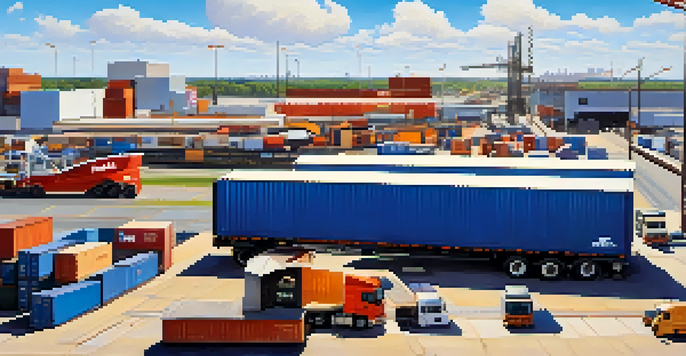 A busy logistics hub in Memphis with trucks, cargo containers, and warehouses against a blue sky.