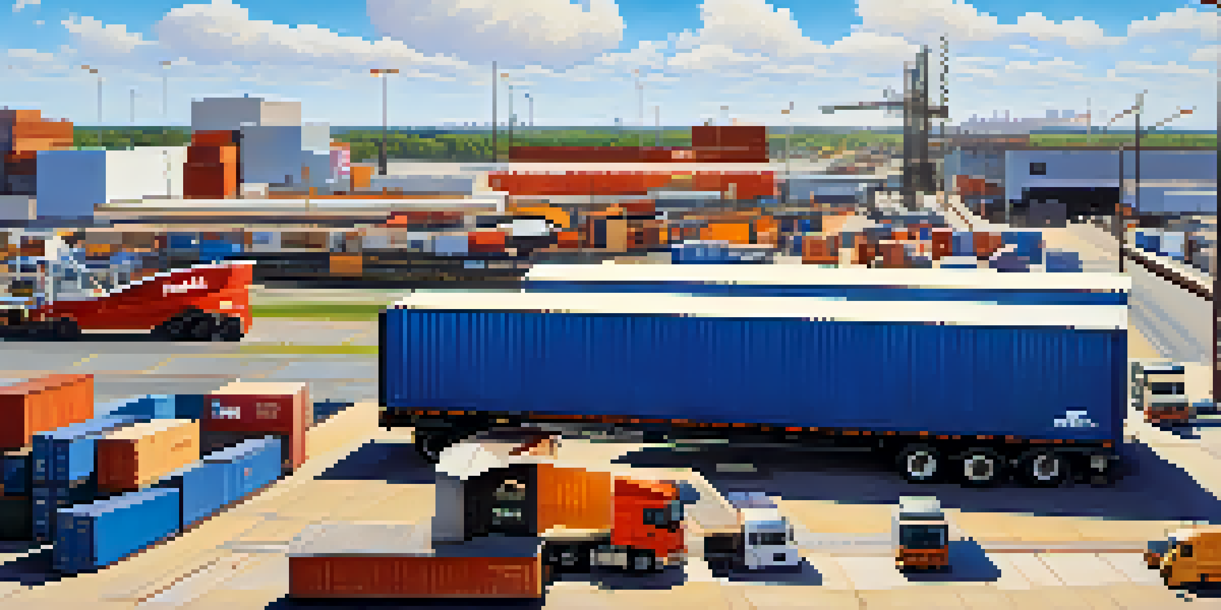 A busy logistics hub in Memphis with trucks, cargo containers, and warehouses against a blue sky.