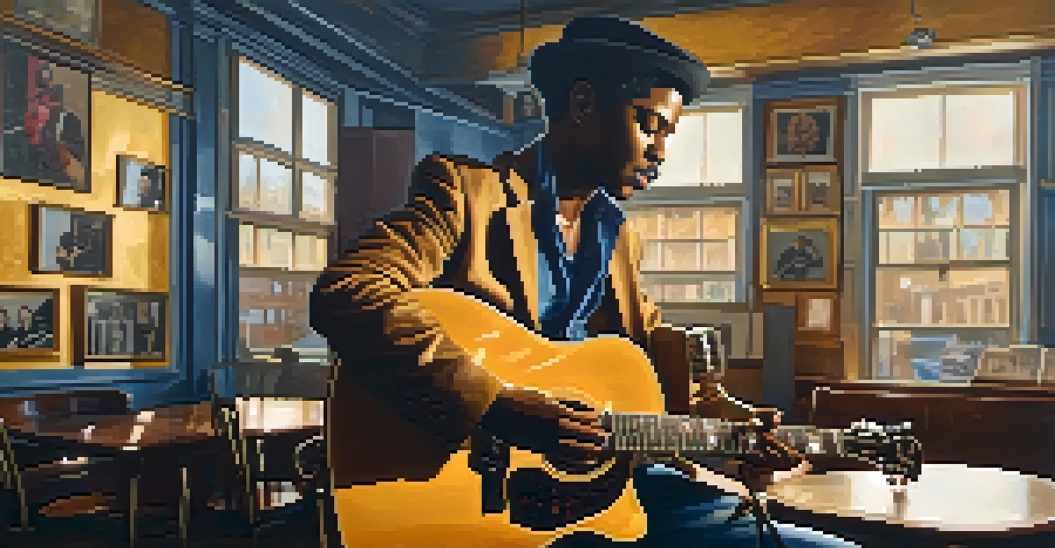 A blues musician performing inside Sun Studio, with vintage decor and warm lighting that evokes a nostalgic atmosphere.