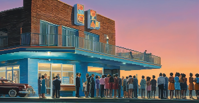 A group of diverse individuals holding candles in front of the Lorraine Motel during sunset, reflecting on its historic significance.