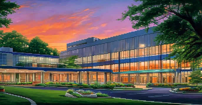 A sunset view of the Memphis Medical Center, highlighting modern architecture and a lush garden.