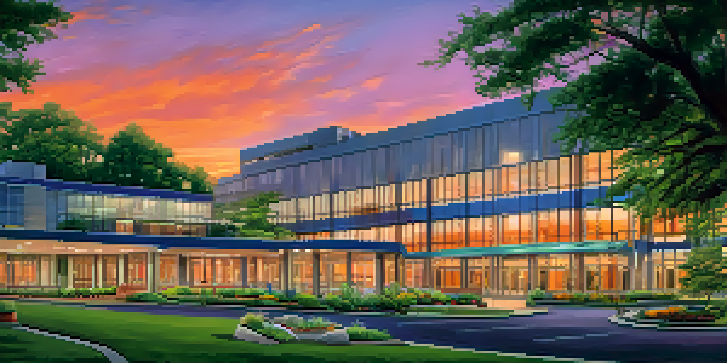 A sunset view of the Memphis Medical Center, highlighting modern architecture and a lush garden.