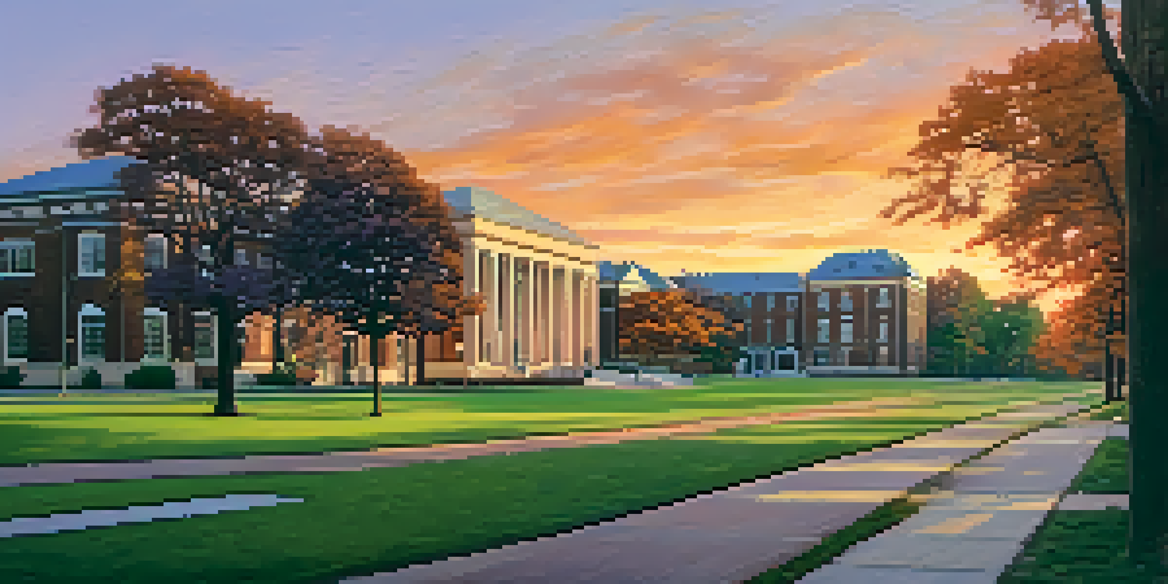 A sunset view of the University of Memphis campus, showing students walking and trees in bloom.