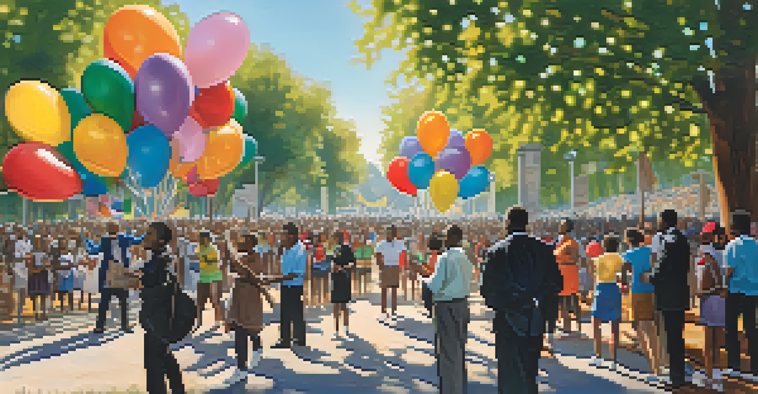 A community event commemorating Dr. Martin Luther King Jr. with diverse participants holding signs of peace and equality under soft sunlight.