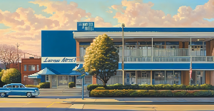 A warm, golden hour view of the Lorraine Motel with blooming magnolia trees in the foreground and a placard highlighting its historical significance.
