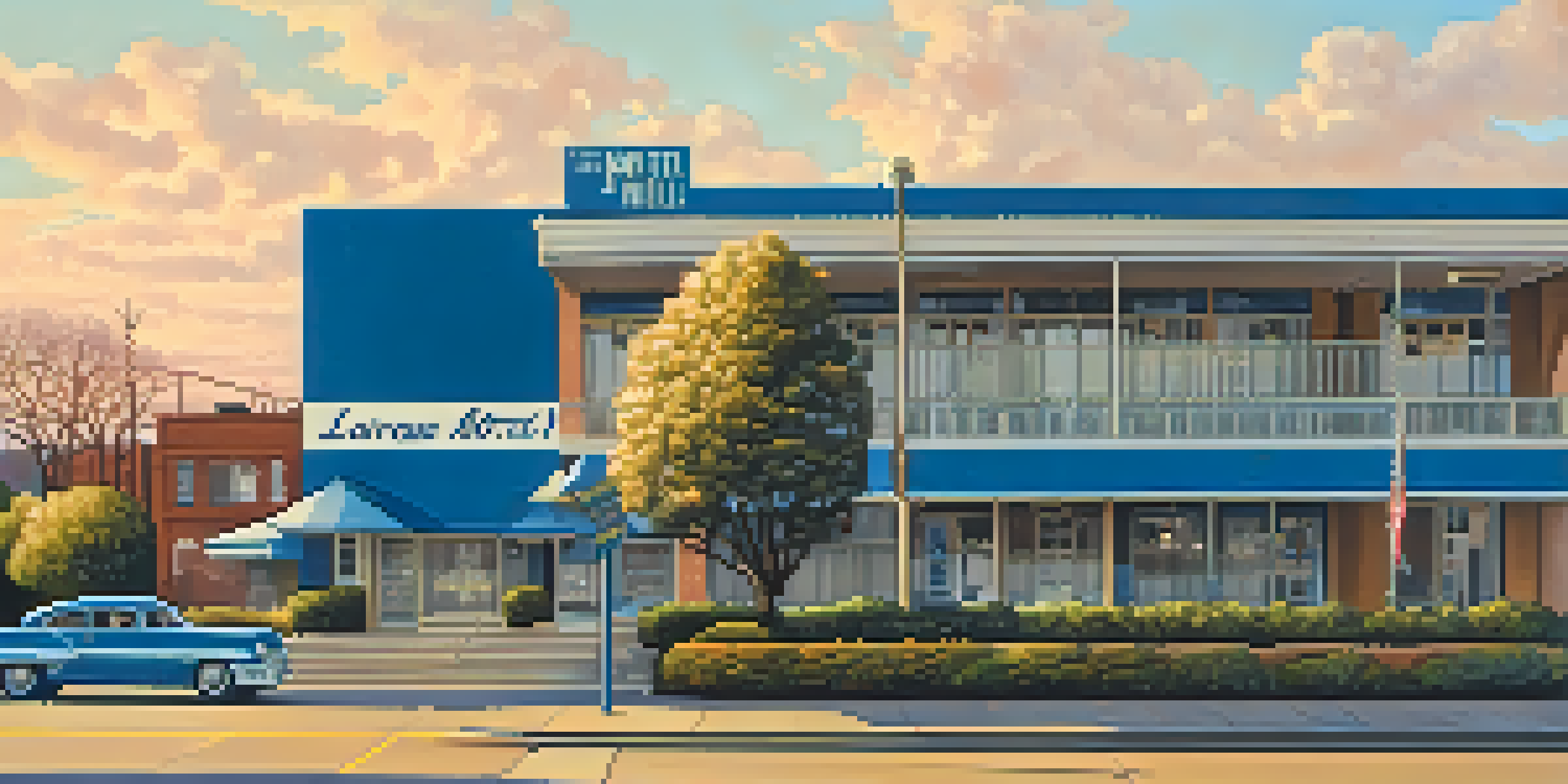 A warm, golden hour view of the Lorraine Motel with blooming magnolia trees in the foreground and a placard highlighting its historical significance.