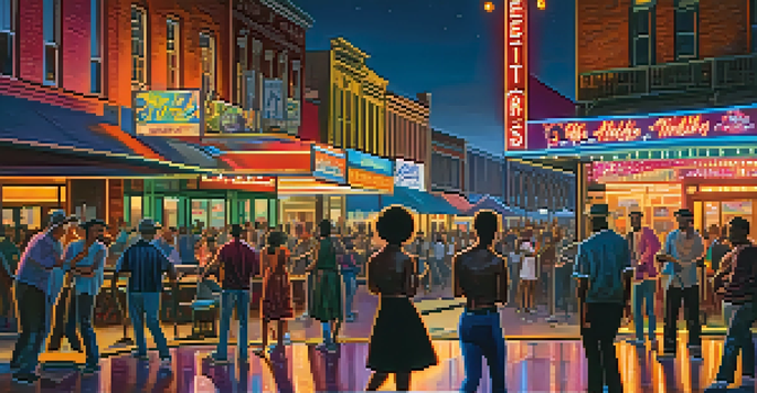 A lively night scene on Beale Street in Memphis, showcasing musicians performing and a crowd enjoying the music under colorful neon lights.