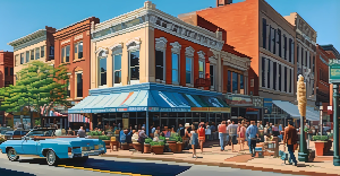 A lively downtown scene in Memphis with modern and historic buildings, people walking, greenery, and the Mississippi River in the background.
