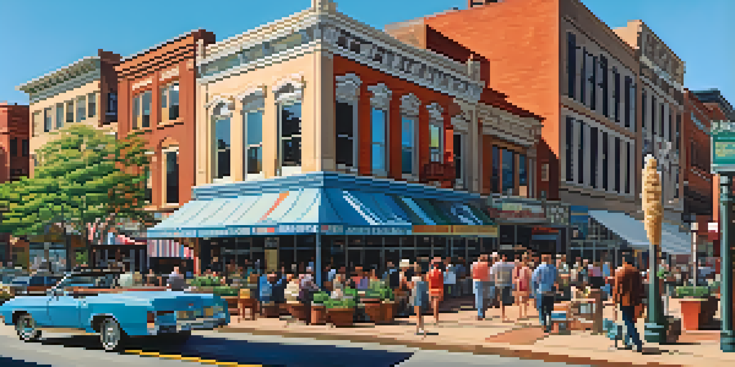 A lively downtown scene in Memphis with modern and historic buildings, people walking, greenery, and the Mississippi River in the background.