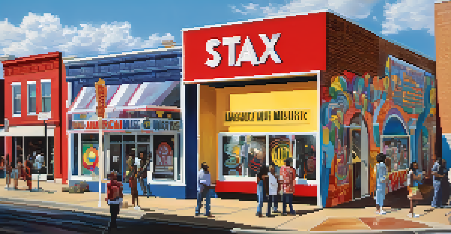Exterior view of the Stax Museum of American Soul Music with colorful murals, a welcoming entrance, and visitors engaging outside.