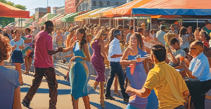 A lively outdoor festival in Memphis with a crowd enjoying live music and local food stalls.