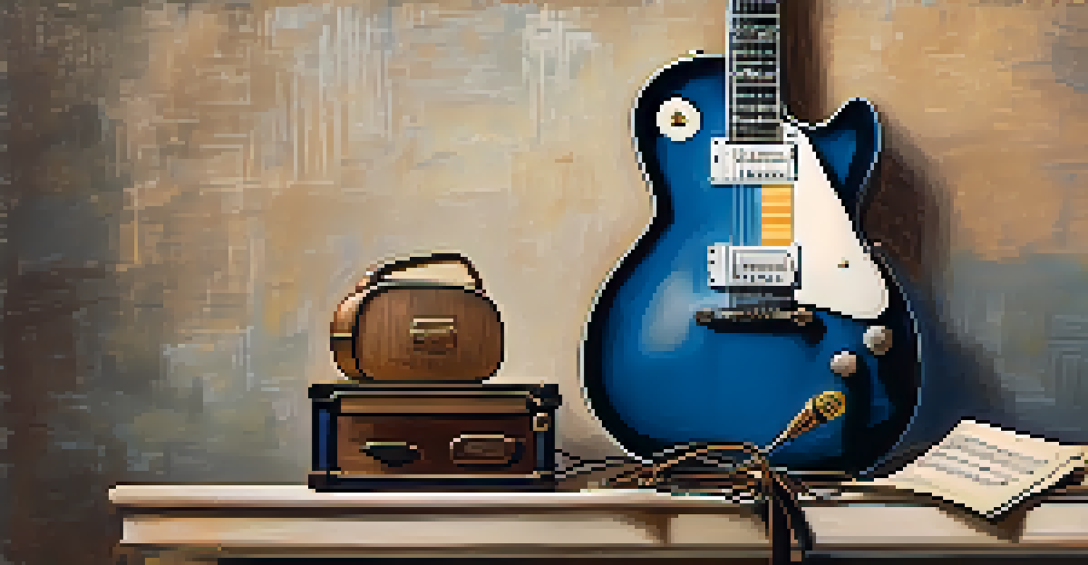 A close-up view of a classic blues guitar on a wooden stool, with sheet music and an old microphone in the background, highlighting the textures and warm tones.