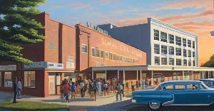 The National Civil Rights Museum viewed from the outside during sunset, with people of different backgrounds entering the museum.