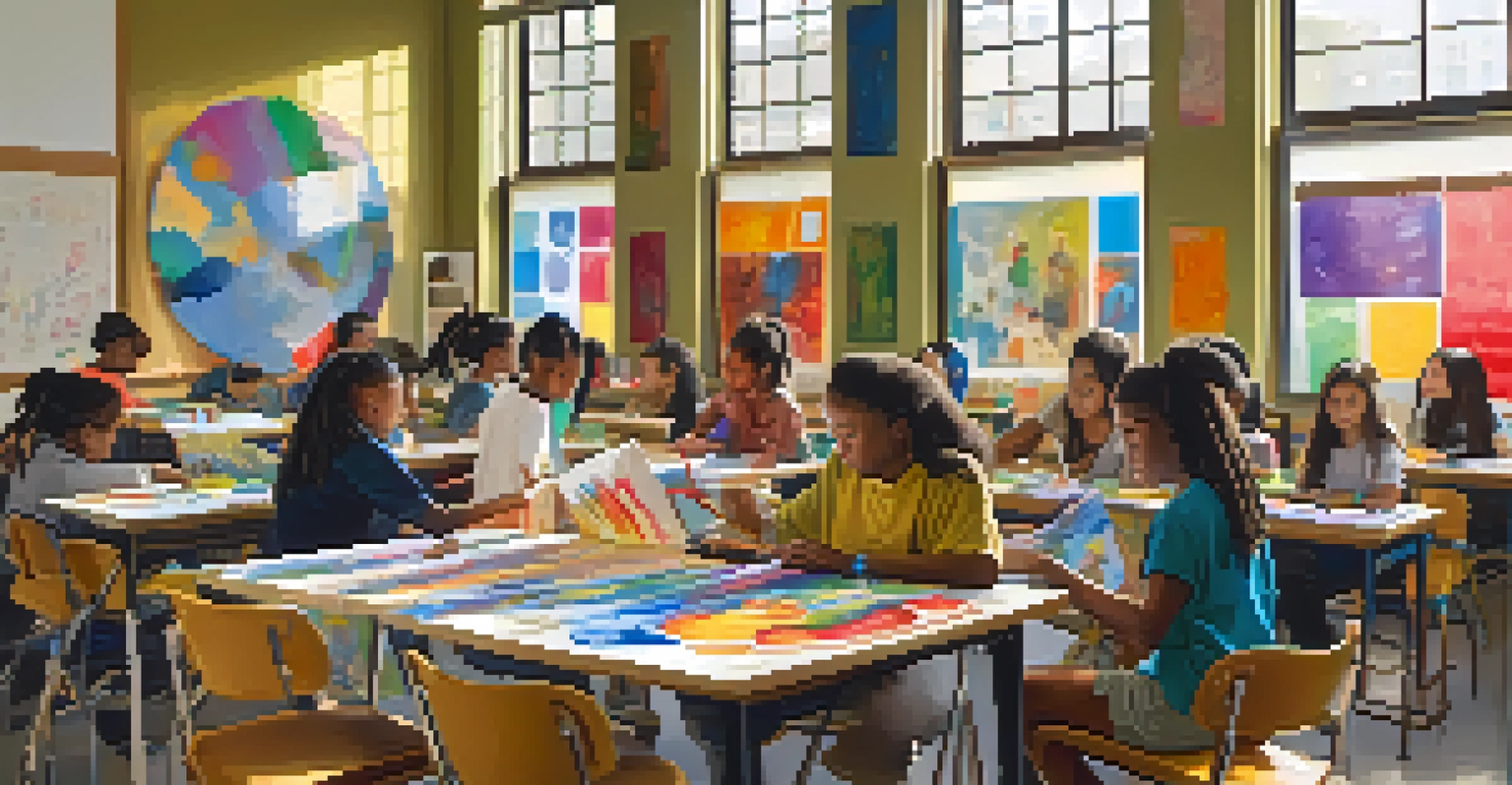 A lively classroom with students creating art, surrounded by bright artwork and natural light.