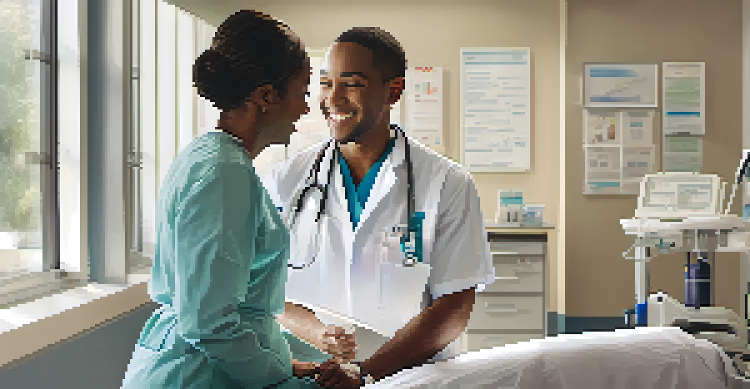 A healthcare professional interacting with a patient in a bright clinic room filled with medical equipment.