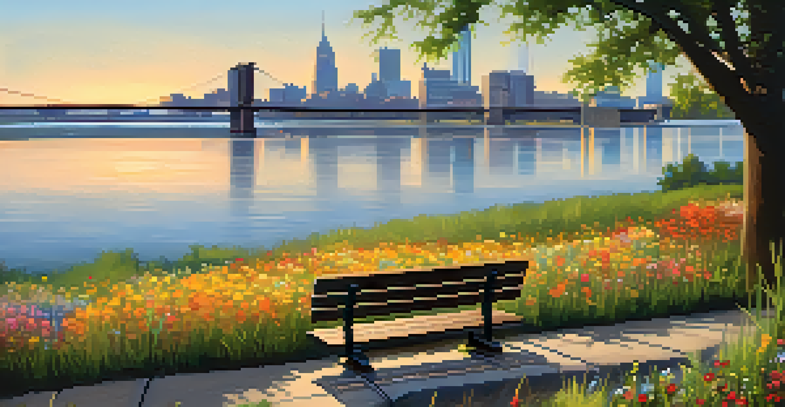 A park bench with a view of the Mississippi River and wildflowers nearby, with the city skyline faintly visible in the background.