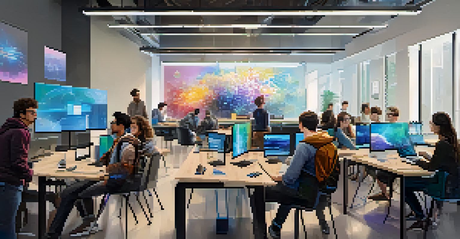 Students from diverse backgrounds collaborating on a data science project in a modern workspace, with screens displaying data visualizations.