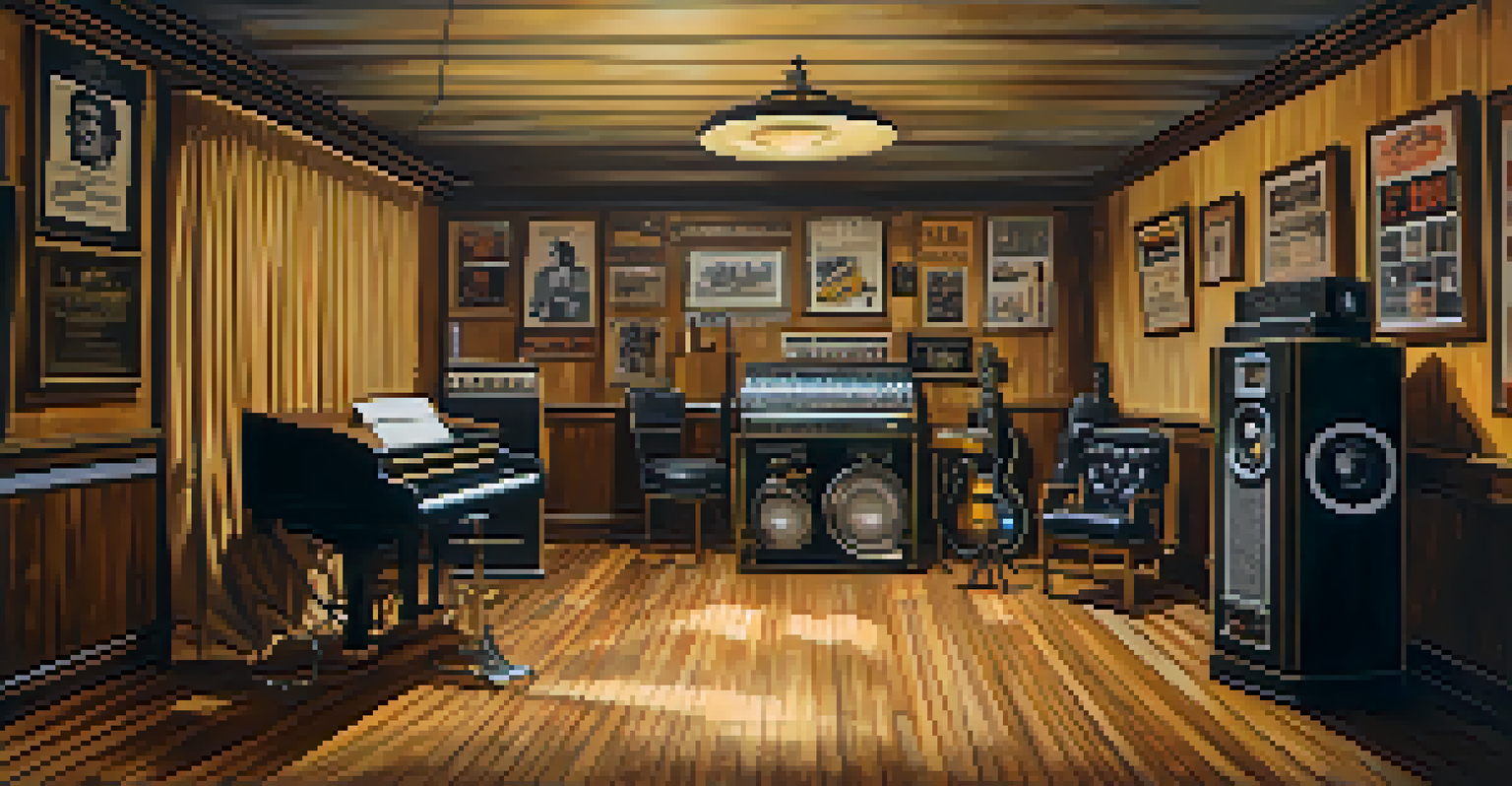 The interior of Sun Studio in Memphis with vintage recording equipment and photographs of famous artists.