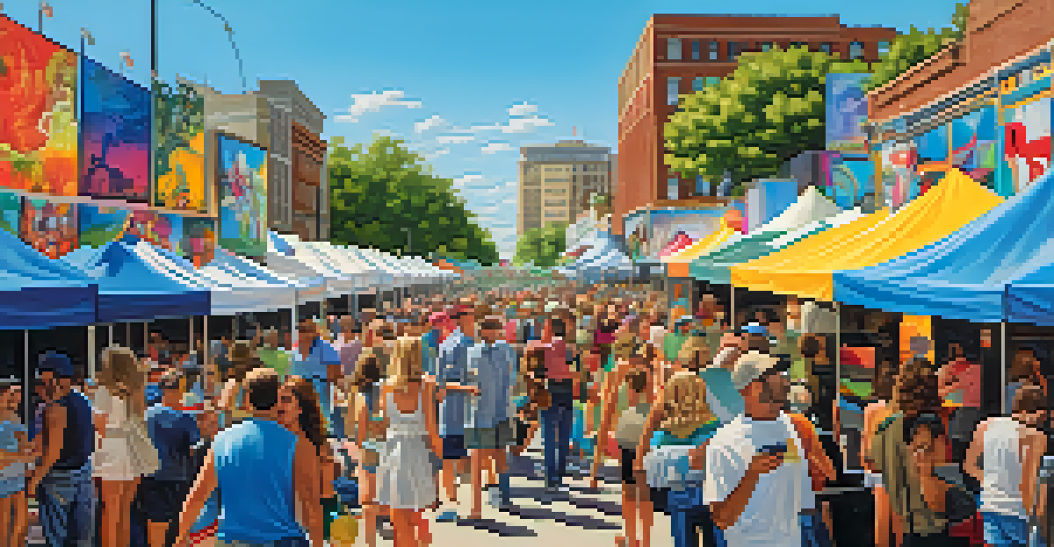 An outdoor art festival in Memphis featuring local artists' booths, families enjoying the event, and musicians performing.