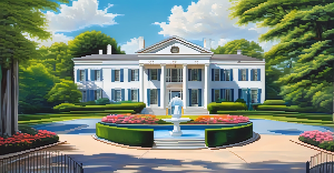 A detailed view of Graceland, the home of Elvis Presley, featuring its white columns and lush gardens under a bright blue sky.