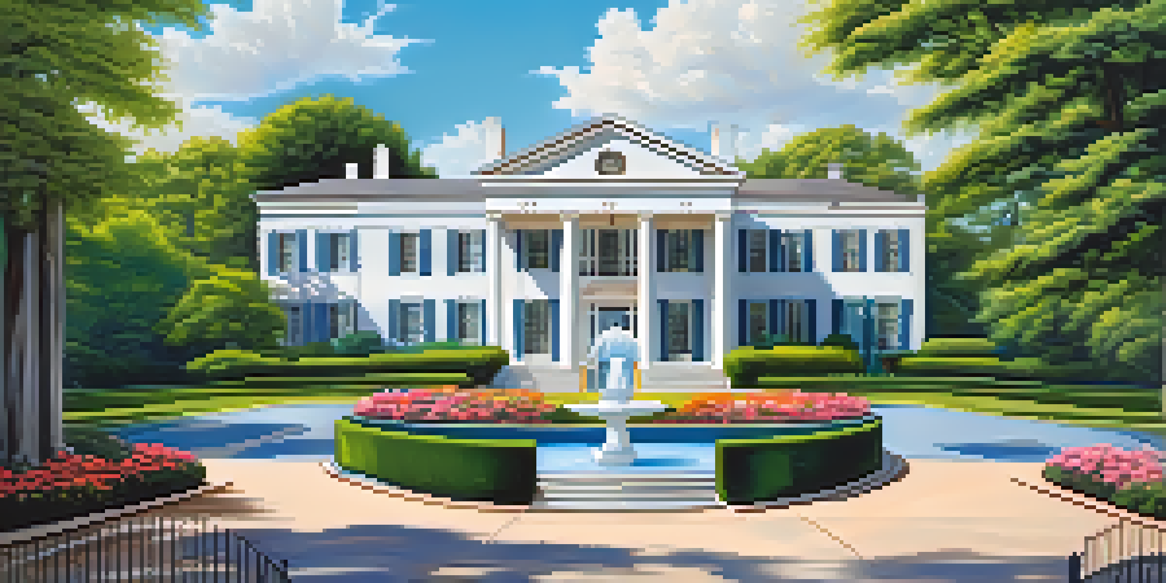 A detailed view of Graceland, the home of Elvis Presley, featuring its white columns and lush gardens under a bright blue sky.