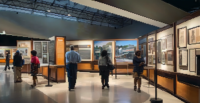 Interior view of the National Civil Rights Museum with visitors exploring interactive exhibits on civil rights.