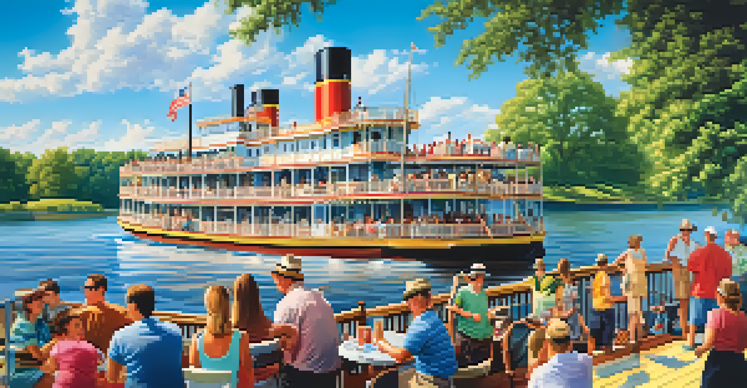 Tourists on a vibrant riverboat cruise on the Mississippi River, with greenery along the banks and clear skies above.